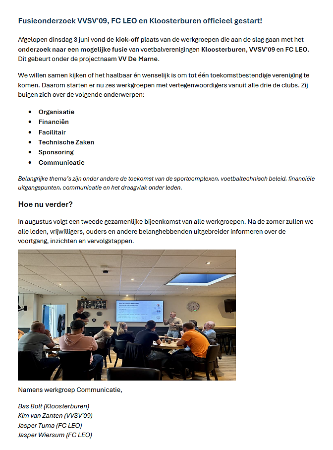 Kick-off fusie oderzoek