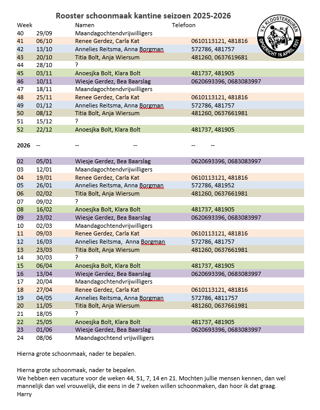 ROOSTER SCHOONMAAK KANTINE 2025-2026