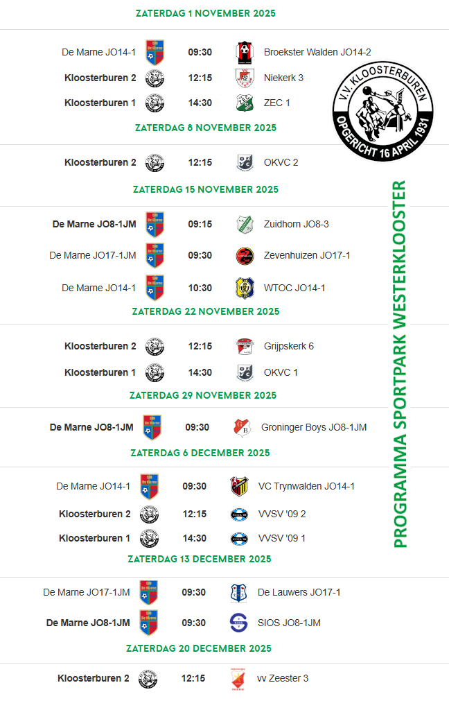 Programma Westerklooster 2025 NJ (zaterdag)
